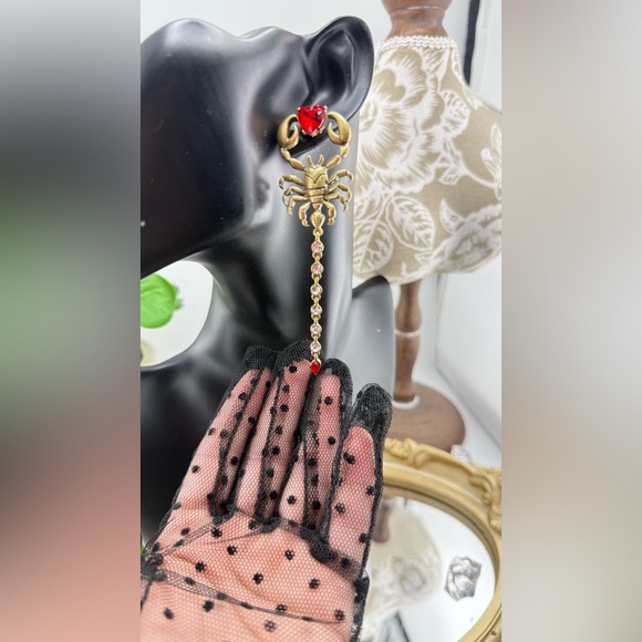 Gothic Scorpion Drop Earrings | Red Crystal Heart & Rhinestone Tail - Picture 10 of 12